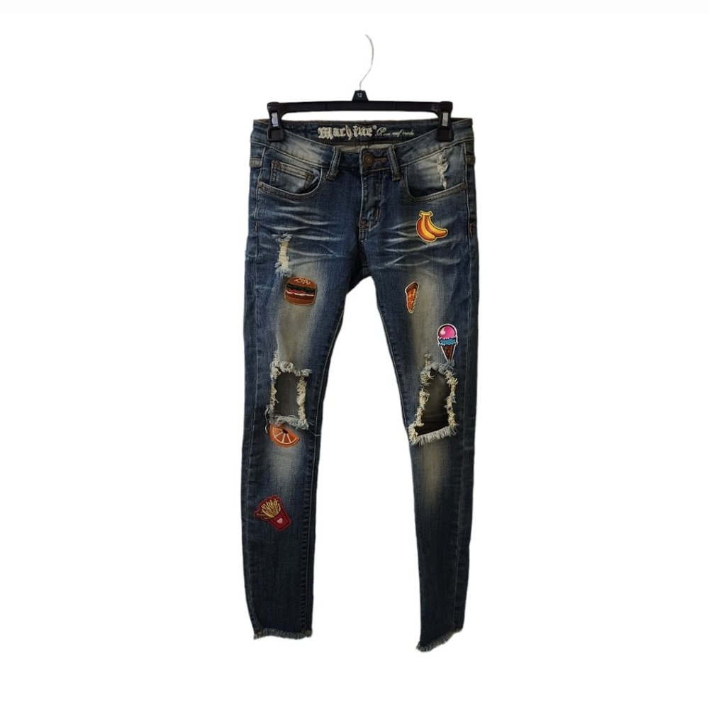 Machine Distressed Foodie Patchwork Jeans Size 26 Low Rise